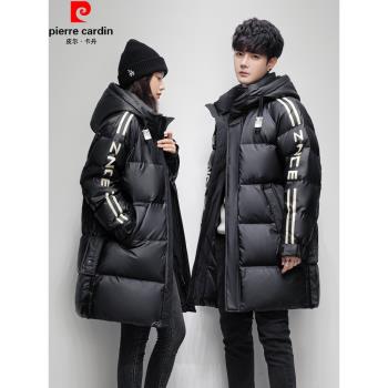 皮爾卡丹羽絨服男女中長款韓版寬松加厚新款情侶印花青年冬裝外套