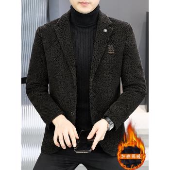 秋冬加棉加厚毛呢西服男休閑韓版雪尼爾單西青年保暖呢子西裝外套