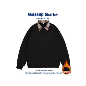 WASSUP SHARK美式復古格子拼接polo領衛衣男春秋款寬松長袖上衣服