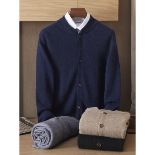 羊絨衫男開衫外套棒球領系扣加厚款純色針織羊毛衫親膚柔軟山羊絨