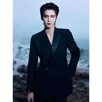 張凌赫同款高階感黑色西裝外套韓版潮流ins痞帥設計感西服外套男