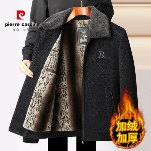 皮爾卡丹中老年毛呢外套男士秋冬季款加絨加厚保暖寬松雪尼爾棉衣