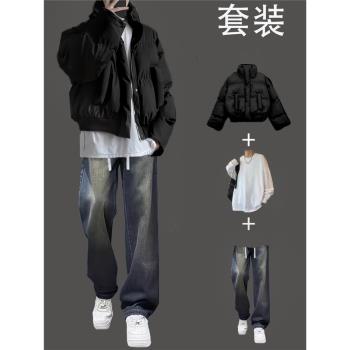美式高街pu皮棉衣男款套裝冬季短款麵包服高級感小眾設計棉服外套