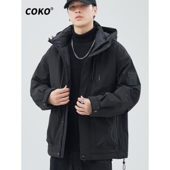 90白鴨絨工裝連帽羽絨服男寬松大碼2024新款冬季戶外登山潮牌外套