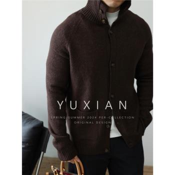 YUXIAN復古雙面磨毛可翻高領紐扣復古重磅毛衣開衫長袖外套秋冬季
