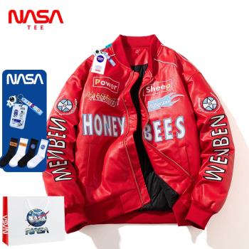 NASA聯名機車棒球服男春秋季美式刺繡PU皮外套潮流牌寬松情侶夾克
