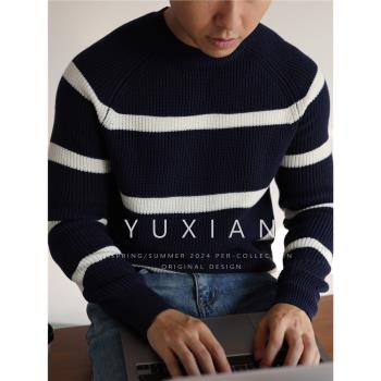 YUXIAN美式復古海魂衫棉混紡條紋圓領套頭毛衣純色針織長袖秋冬季