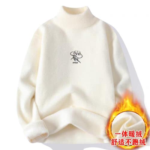 水貂絨半高領毛衣男秋冬季加絨加厚保暖衣青少年學生打底針織毛衫