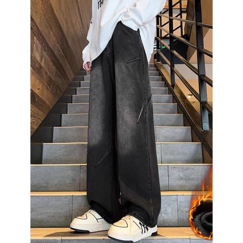 黑色微喇牛仔褲男士春秋款復古闊腿褲寬松直筒休閑長褲子2025新款