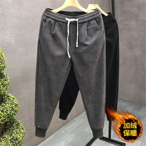 男士秋季新款休閑褲男潮牌條絨束腳寬松運動褲修身加絨小腳哈倫褲
