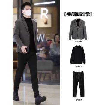 加厚星空呢西服套裝冬季潮流韓版男士毛呢西服修身外套兩粒扣西裝