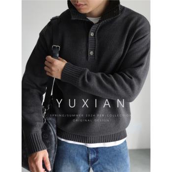 YUXIAN重磅美式復古紐扣可翻立領高領毛衣針織長袖休閑商務秋冬季