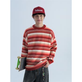 Mentmate 24AW 秋冬復古聖誕配色條紋圓領毛衣 男女情侶溫暖針織