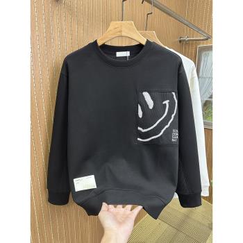 美式冬款黑色笑臉刺繡拼接圓領加絨加厚衛衣男春秋寬松長袖上衣男