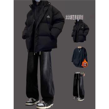 假兩件加厚棉服套裝男生保暖棉襖冬季2024新款外套高階感工裝棉衣