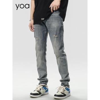 YOA做舊破洞男女ins小腳牛仔褲