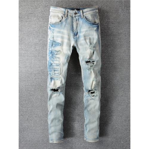 AMR JEANS 美式高街潮牌淺色磨白水洗LOGO貼布做舊修身破洞牛仔褲