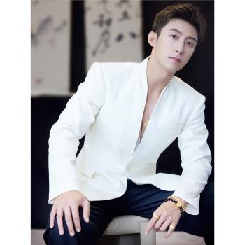 黃景瑜同款v領白色西裝外套男士韓版修身帥氣春秋百搭西服夾克潮