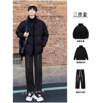 高階感夾克棉服男士套裝冬季保暖棉衣立領外套男裝一套搭配麵包服