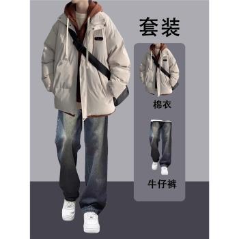 復古日系外套加厚棉服男套裝冬季2024新款假兩件棉衣男裝一套搭配