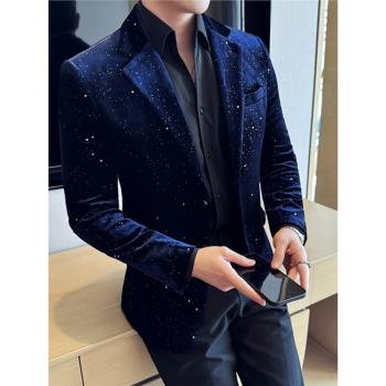 春季男士金絲絨閃光西裝外套絲光絨韓版修身西服燙金時尚宴會禮服