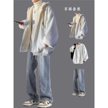 羊羔絨毛棉服男款套裝冬季連帽棉衣寬松潮流外套加絨加厚保暖棉襖