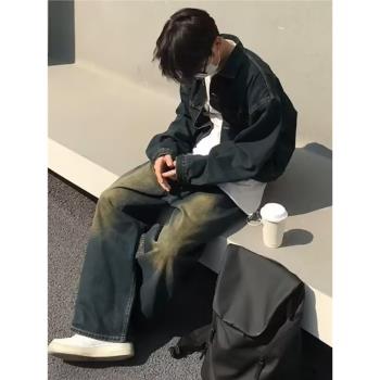 美式復古水洗黃泥色牛仔褲男秋冬季寬松直筒褲子潮牌高街vibe長褲