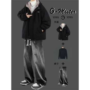 羊羔絨棉服男款套裝冬季學生青少年連帽棉衣外套加絨加厚寬松棉襖