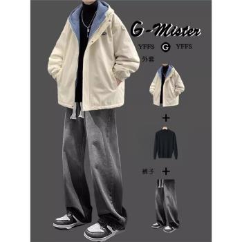 羊羔絨毛棉服男生套裝冬季棉衣學生帥氣初高中生外套加絨加厚棉襖