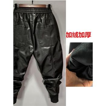 加絨大碼防風六個束腳寬松皮褲