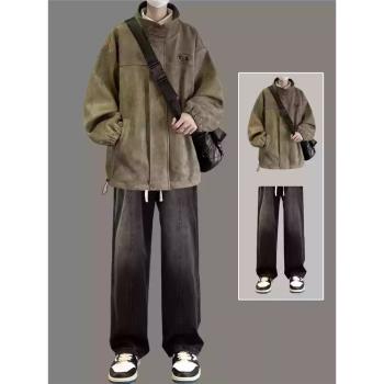 美式痞帥高階感麂皮絨棉服男生秋冬季夾棉沖鋒衣套裝加厚外套棉衣