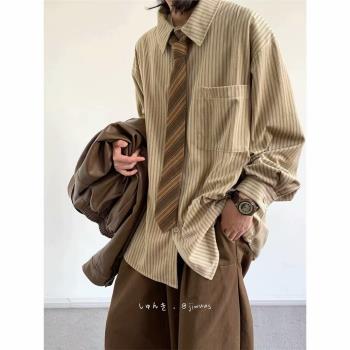 秋冬日系復古條紋襯衣男女生學院風寬松休閑長袖vintage襯衫外套