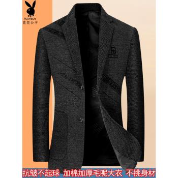 花花公子冬季大碼寬松西裝男外套毛呢大衣加棉加厚西服上衣爸爸裝