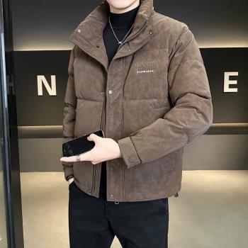 男羽絨服冬季2024新款高階潮牌立領短款加厚防寒麂皮絨印花男外套