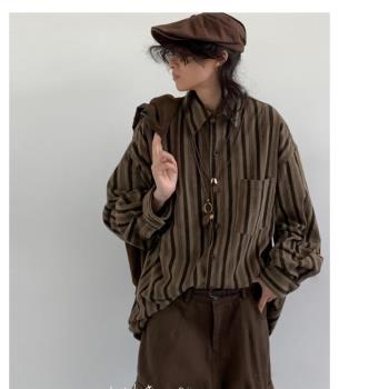 學院風日系古著vintage豎條紋長袖襯衫男復古寬松工裝ins襯衣外套