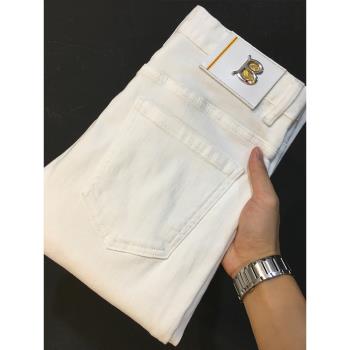 白色牛仔褲男秋冬季厚款潮牌高階韓版休閑彈力修身小腳長褲古士狼