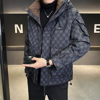 羽絨服男士冬季2024新款潮牌加厚沖鋒衣短款印花工裝連帽帥氣外套