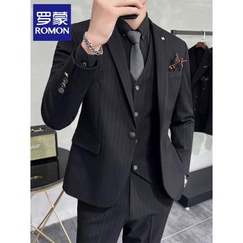 羅蒙條紋西裝男士套裝正裝職業結婚新郎禮服修身商務休閑伴郎西服
