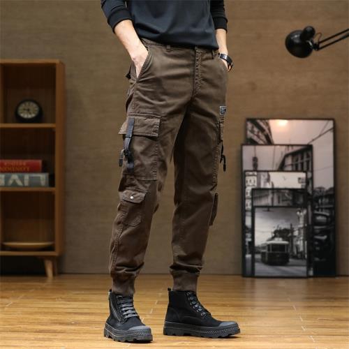 重磅工裝褲男秋季潮牌寬松束腳八口袋機車硬漢咖啡色傘兵休閑褲子