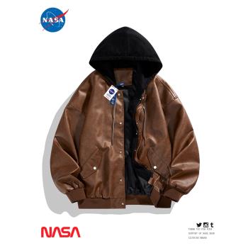 NASA聯名美式復古PU皮衣男連帽夾克春季薄款外套寬松潮牌休閑上衣