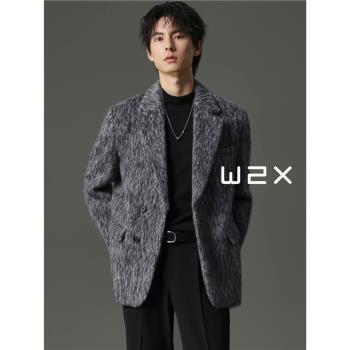 冬季加厚羊毛西服男水波紋高級感上衣微寬松保暖設計感痞帥外套男
