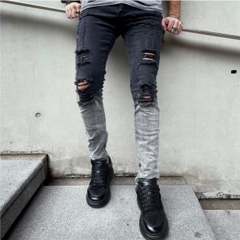 外貿男士破洞塗白彈力牛仔褲黑色修身休閑男式長褲潮Ripped Jeans