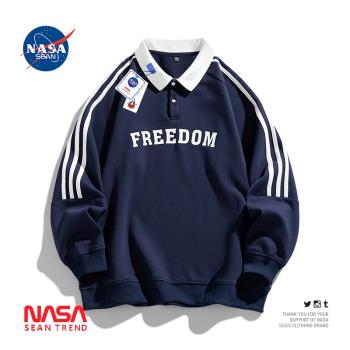 NASA聯名美式復古字母印花POLO衫衛衣男寬松百搭情侶套頭長袖上衣