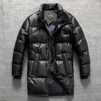 頭層牛皮保暖防風真皮長款加厚羽絨服立領休閑真皮大碼外套