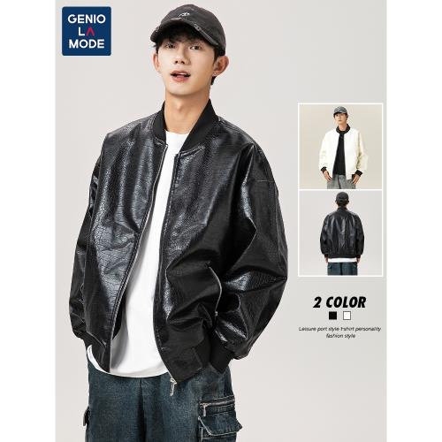 捷尼拉莫GENIOLAMODE飛行皮衣男裂紋肌理高級感棒球領短款外套男