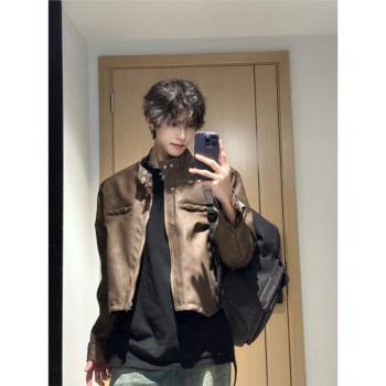 美拉德穿搭高街痞帥夾克男復古棕色PU皮衣小眾設計潮牌短款外套男