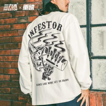 三九木美式街頭塗鴉印花bboy寬松重磅街舞嘻哈打底hiphop小領長袖