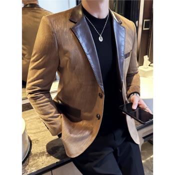 高階感麂皮絨西裝外套皮領拼接男士西服外套修身加厚條紋絲絨西裝