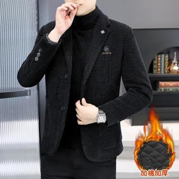 秋冬男士西裝外套雪尼爾加棉加厚休閑西服男裝上衣毛呢夾克呢大衣
