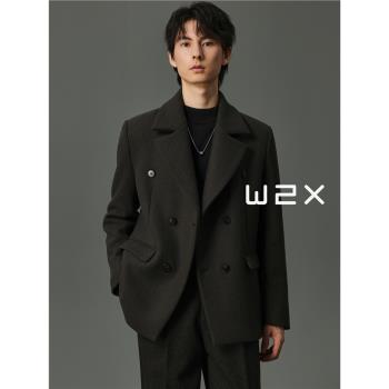 w2x冬季大翻領墊肩款雙排扣短款羊毛呢大衣男休閑呢子西裝外套潮
